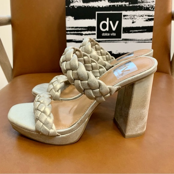 Gold Presley Braided Block Heel Sandals Slides - Picture 11 of 15